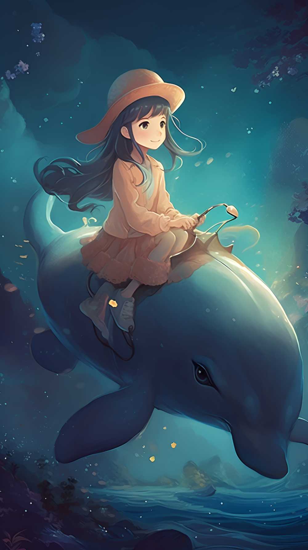 一个女孩和一只乳白色的海豚在天空中