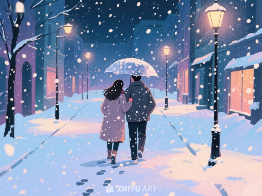 雪夜漫步，伞下情侣 987