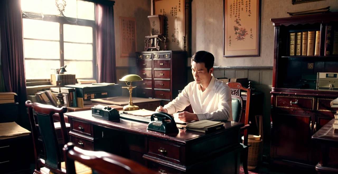 一位身穿白色上衣的35岁左右的中国男子，正坐在一个