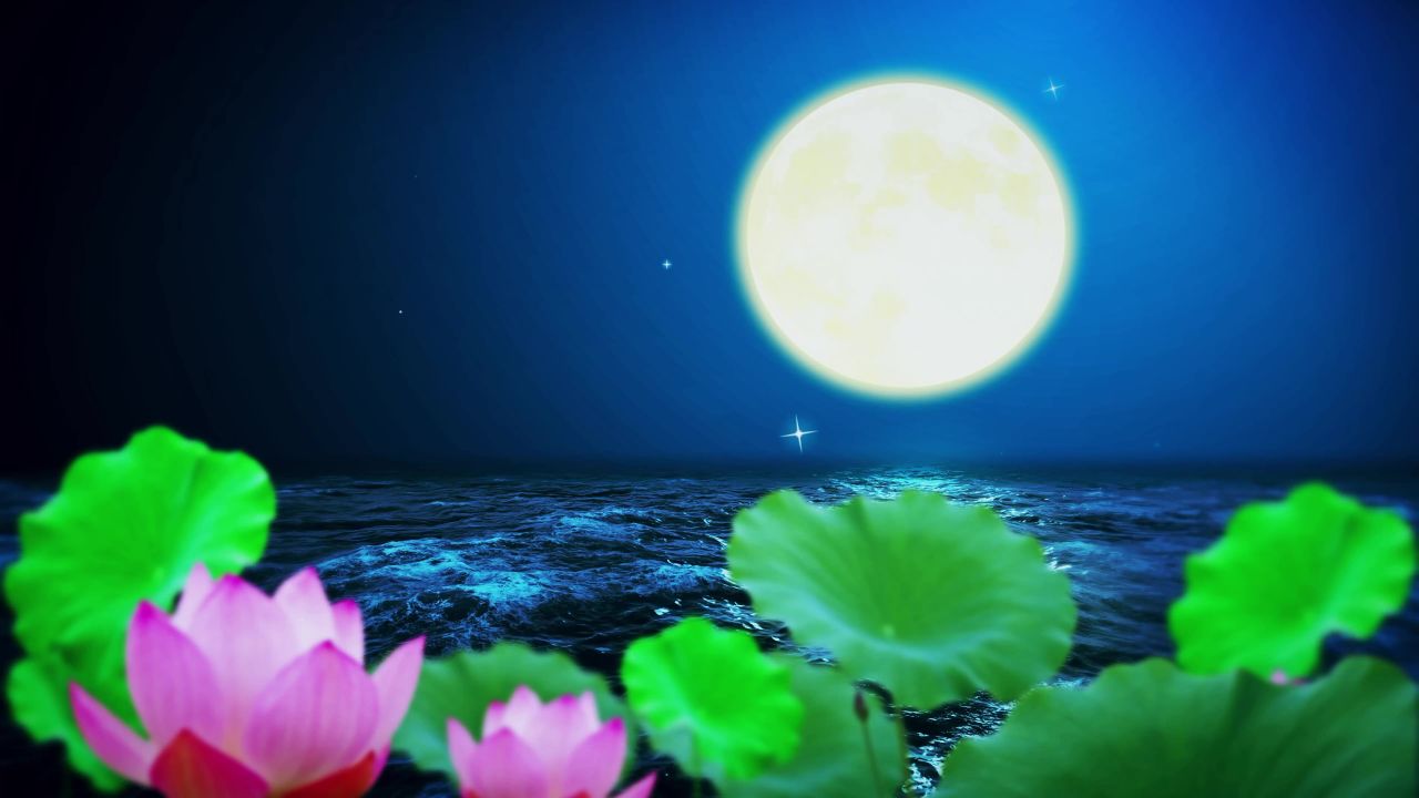 唯美大海上升月亮白月光蓝色夜空圆月明月大屏幕舞台LED视频  132