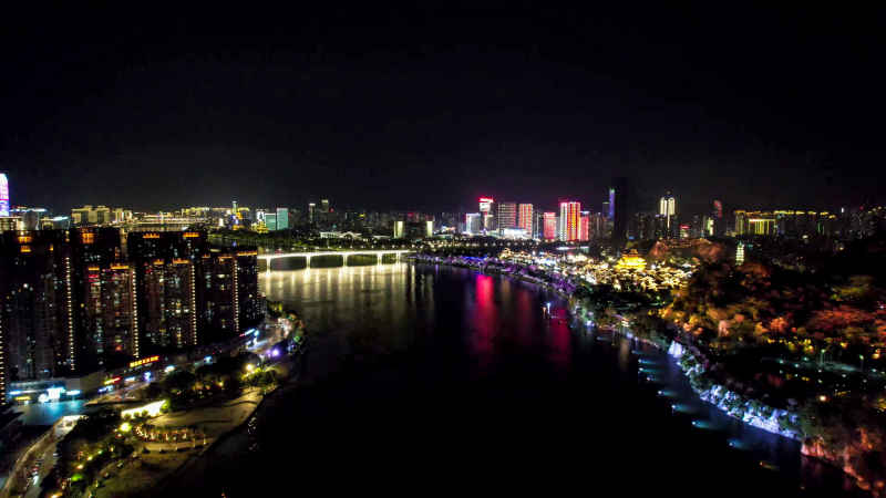航拍广西柳州柳江夜景窑埠古镇  