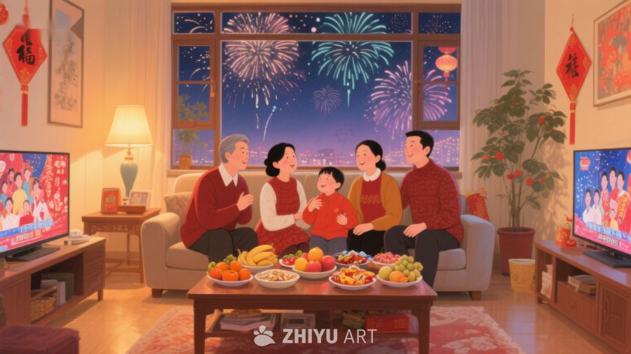 家庭欢聚观看烟花庆祝节日 56