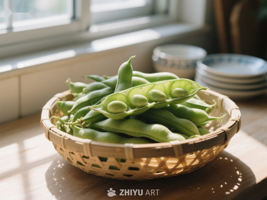 新鲜蚕豆置于竹篮中，窗边阳光洒落 408