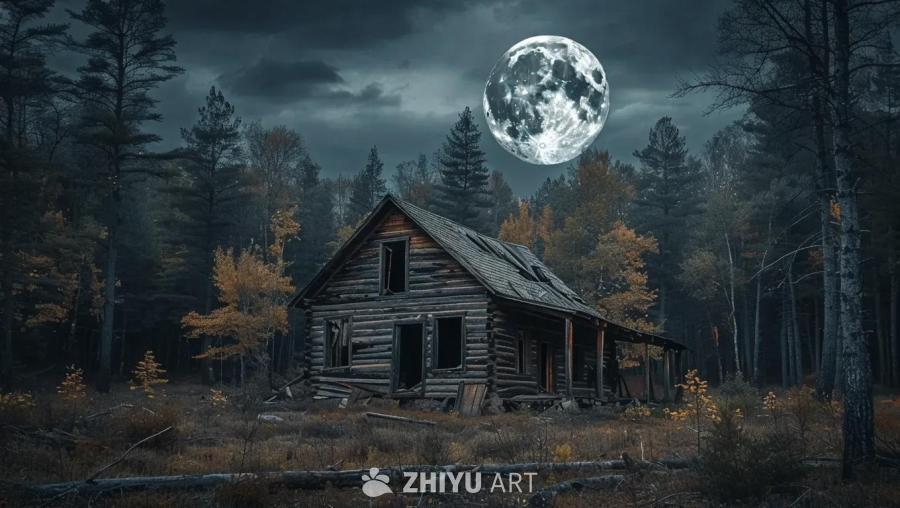 一间破旧的小屋被茂密的树林环绕。月亮隐约可见，穿过