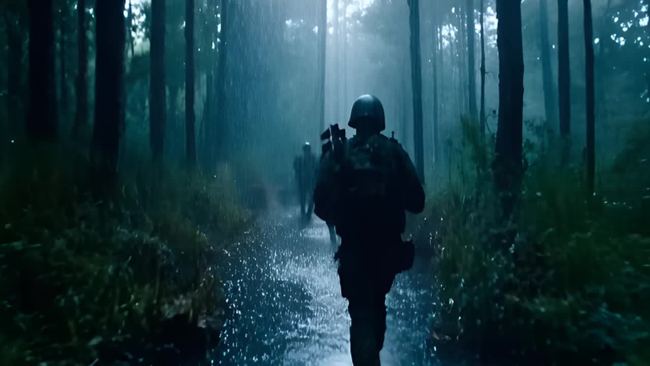 森林中的雨和军人行进：一条密集的树林被细雨笼罩着。