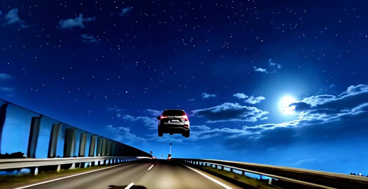 一辆SUV汽车在夜间的高速公路上行驶，拍摄角度从汽