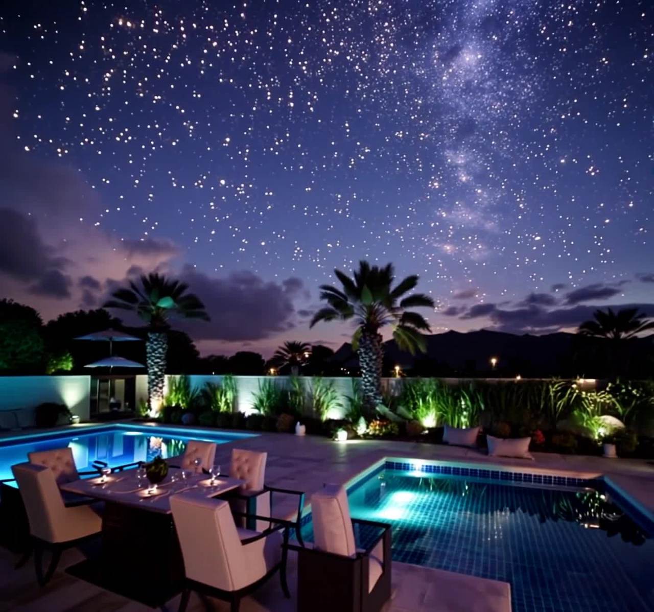 星空下的别墅泳池夜宴