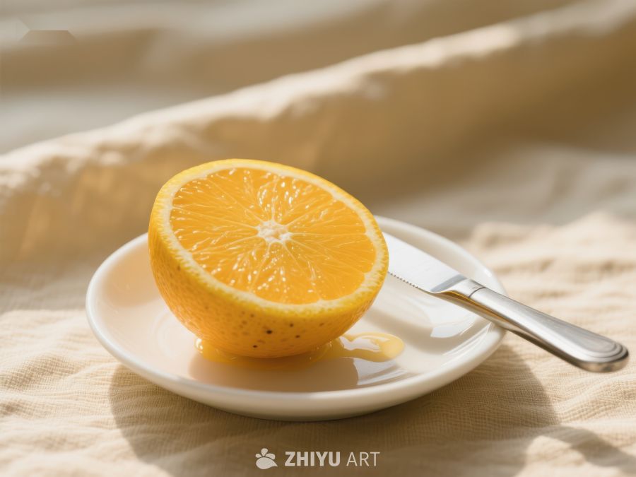 切开的橙子置于盘中，阳光洒落 328