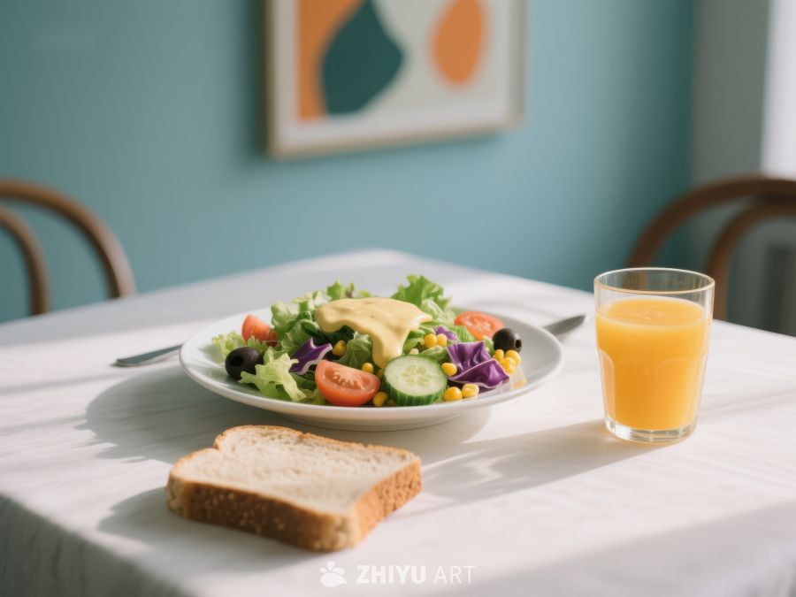 健康早餐：沙拉、面包与橙汁 113