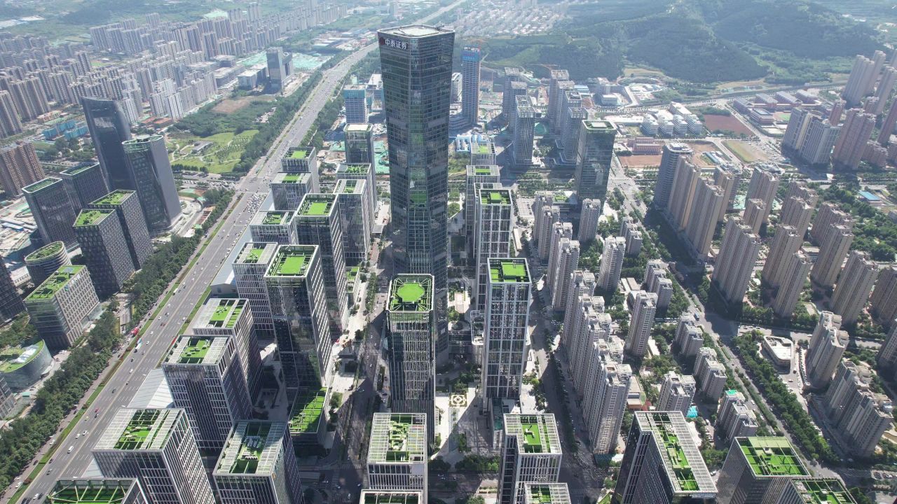 山东济南汉峪金谷金融中心高楼商务建筑航拍 