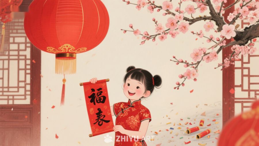小女孩手持福字，庆祝春节 965