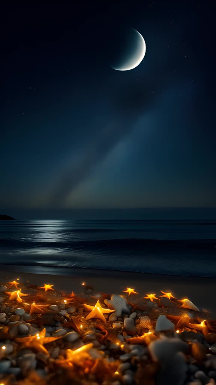 夜空中有星星和弯月，海边沙滩上铺满发光的星形物体和