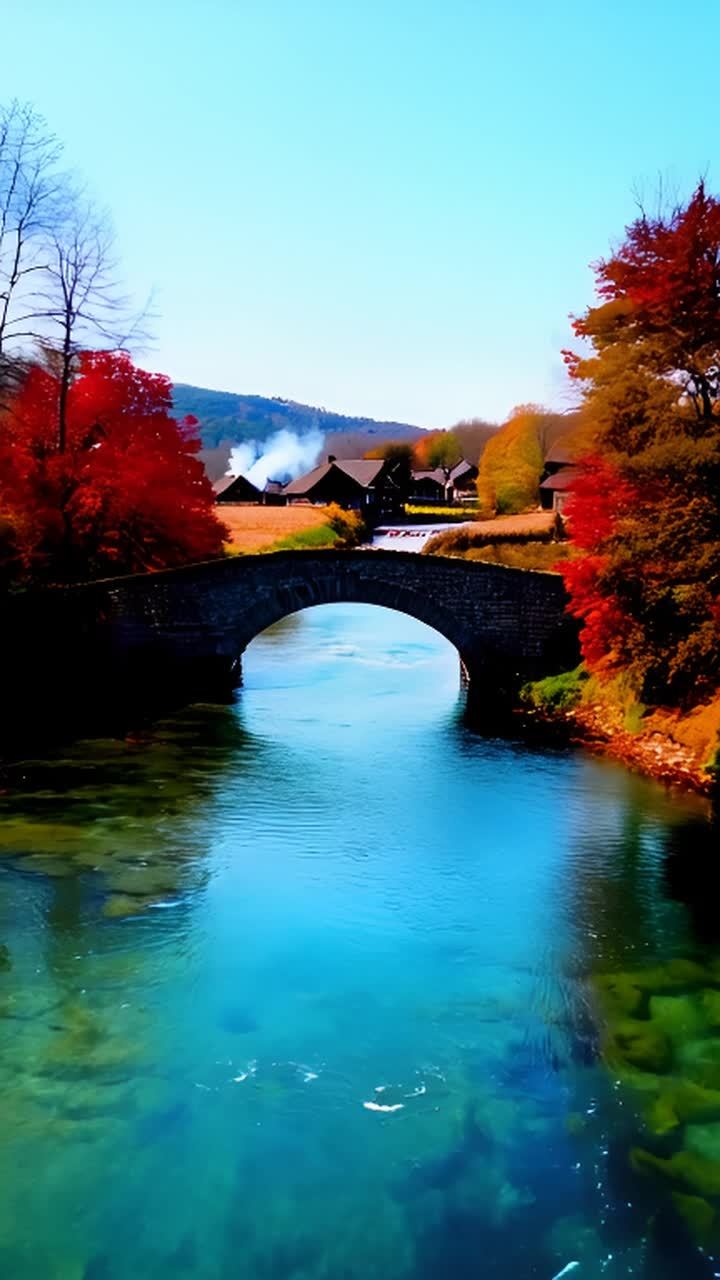 石桥横跨清澈见底的河流，河水倒映着蓝天。周围树木的