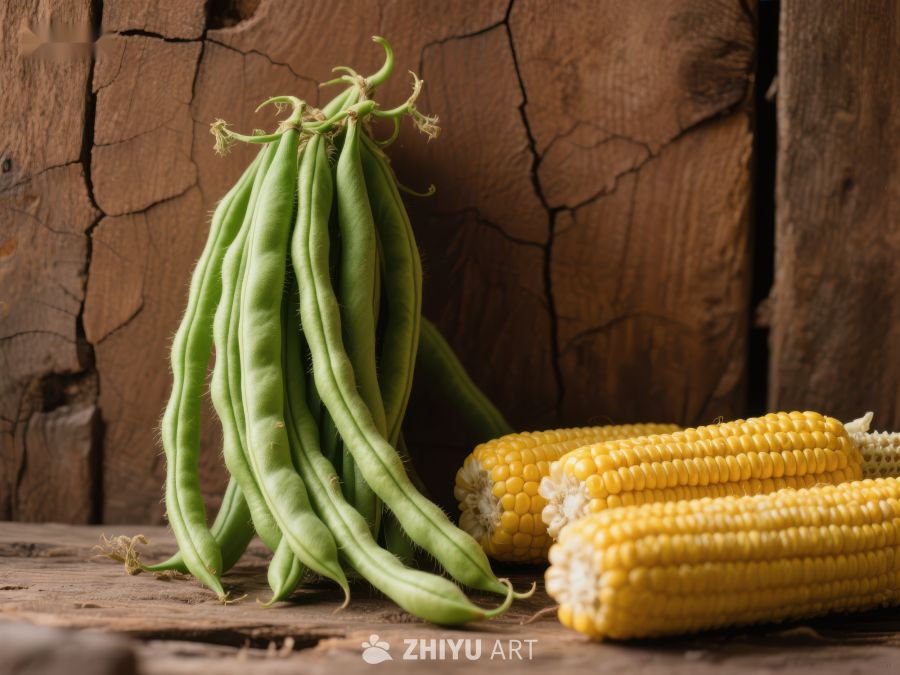 新鲜豆角与玉米的乡村静物 190