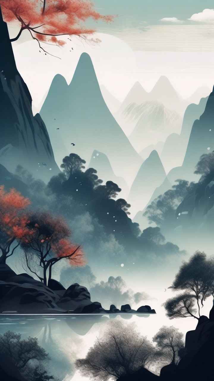国风水彩画山水风景插画 38