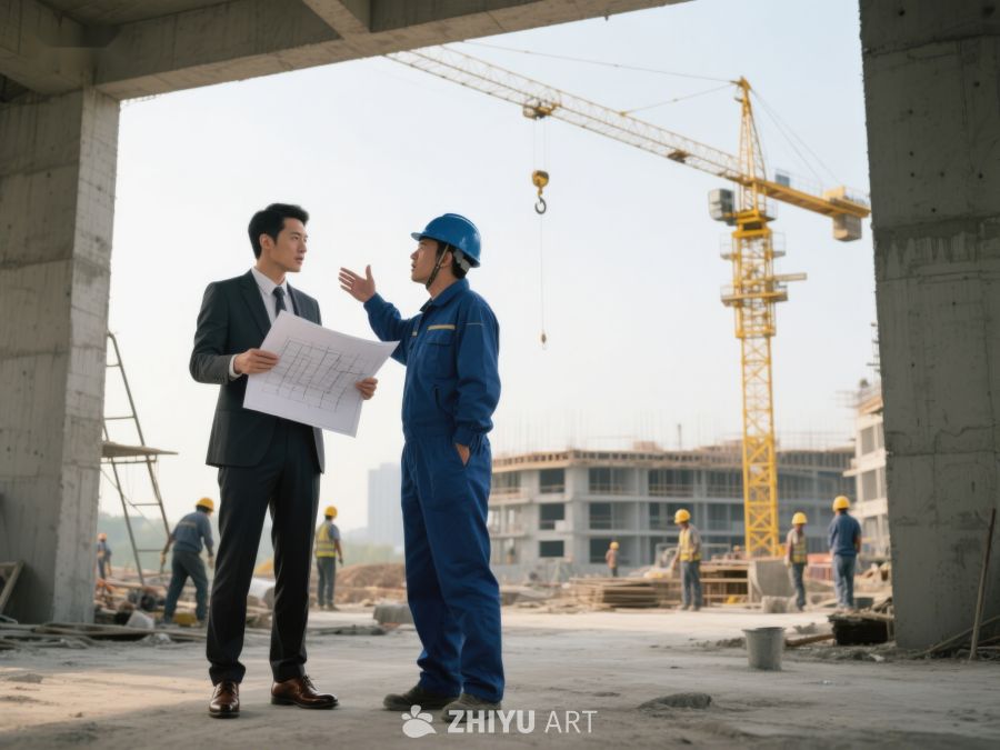 工地现场两人讨论建筑图纸 93