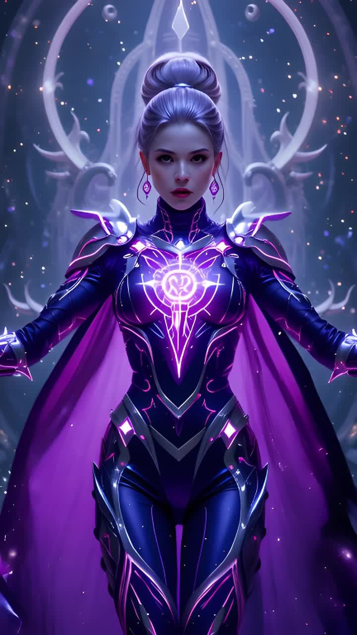 一个穿着紫色和银色盔甲，披着紫色斗篷的女性站在画面