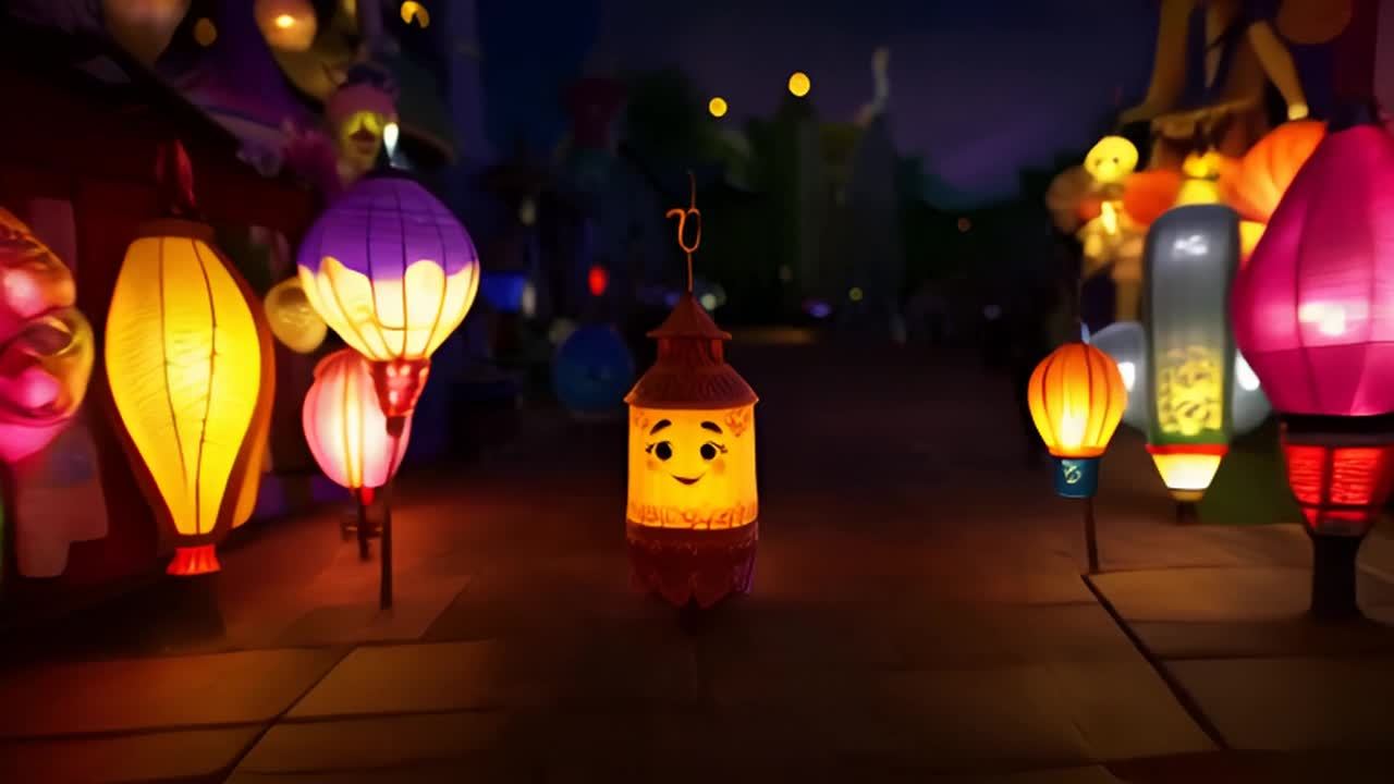 灯笼街道夜景图。  灯笼形状各异，有圆形的也有方形