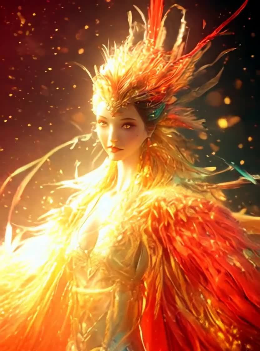 梦幻羽毛装扮的少女，金色光点弥漫红色背景