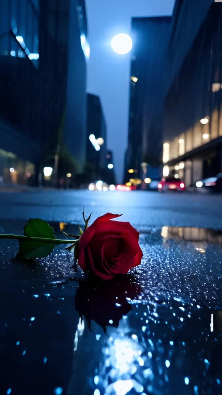 夜间，一条潮湿的现代城市街道，月光照亮，雨水落在水
