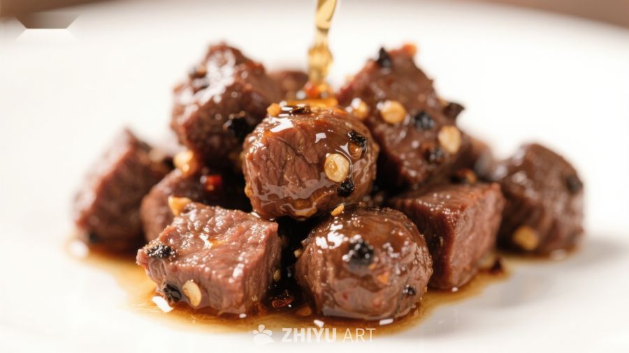 酱汁淋洒的美味牛肉粒