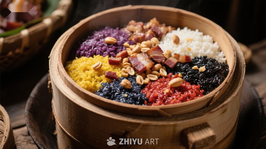 五彩糯米饭蒸笼特写