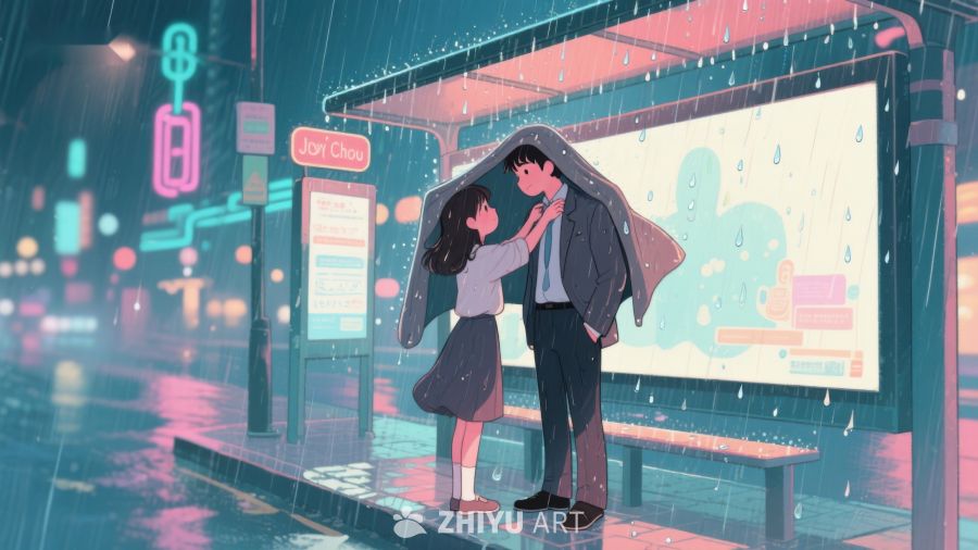 雨夜公交站的温馨一幕 614
