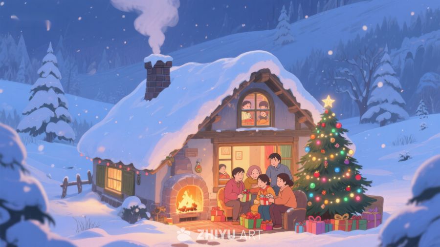 雪夜温馨小屋，家人共度圣诞 418