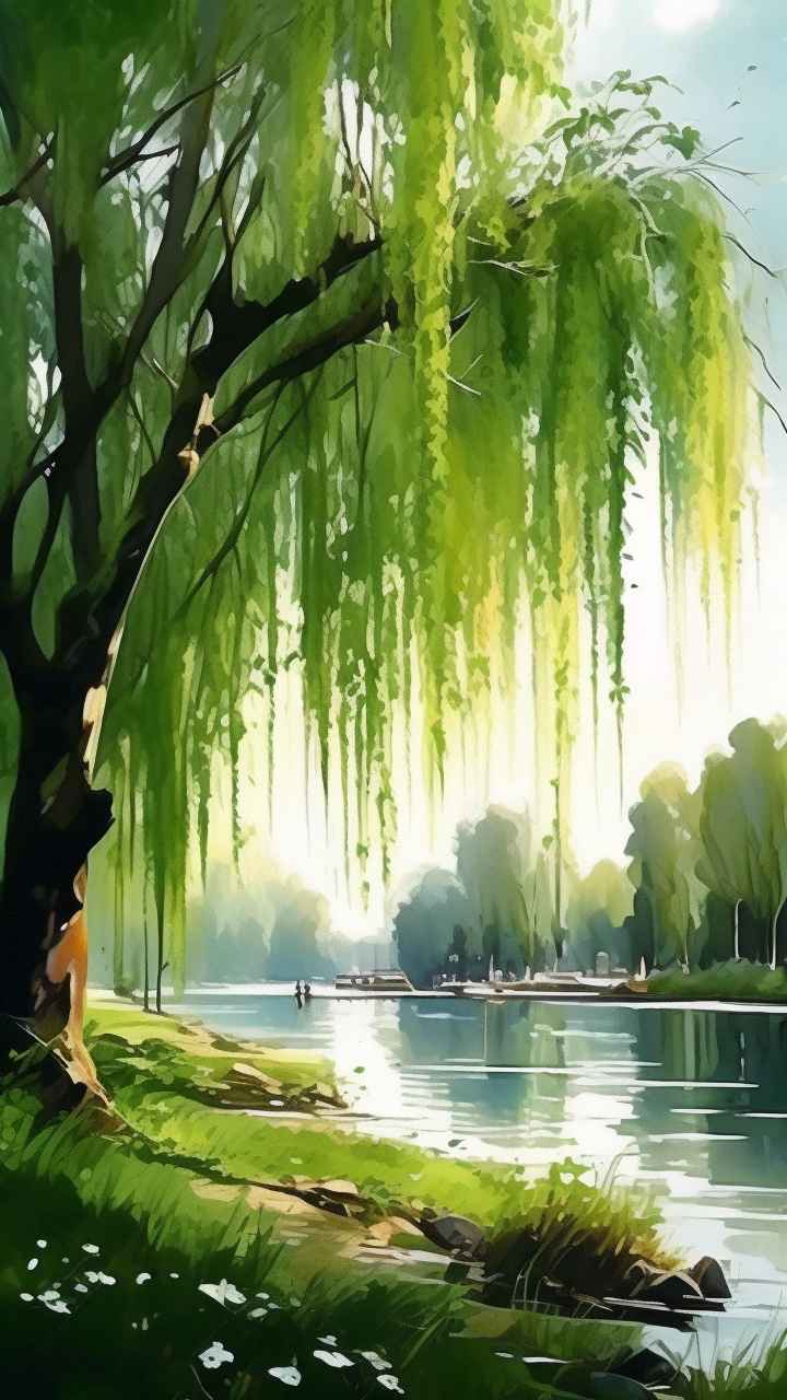 河边柳树插画风景图 28