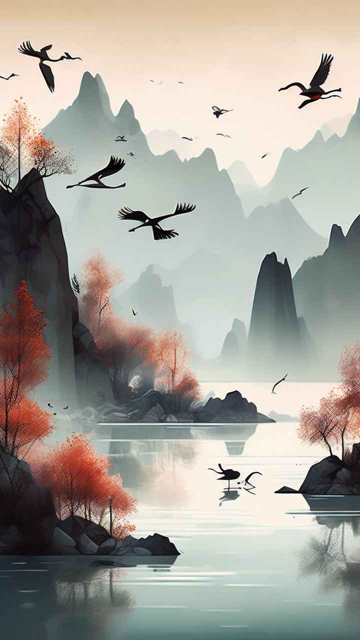 国风山水鹤插画背景 17