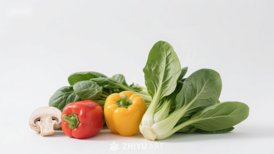 新鲜蔬菜组合：彩椒、蘑菇与绿叶菜