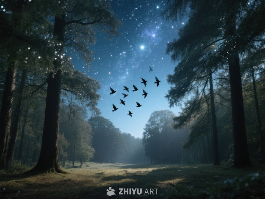 星空下的森林与飞翔的鸟群 208