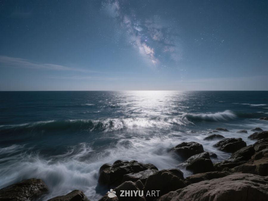 月光下的海浪与岩石 568