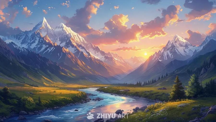 画面中呈现着雄伟的山脉，山峰高耸而崎岖，山顶覆盖着