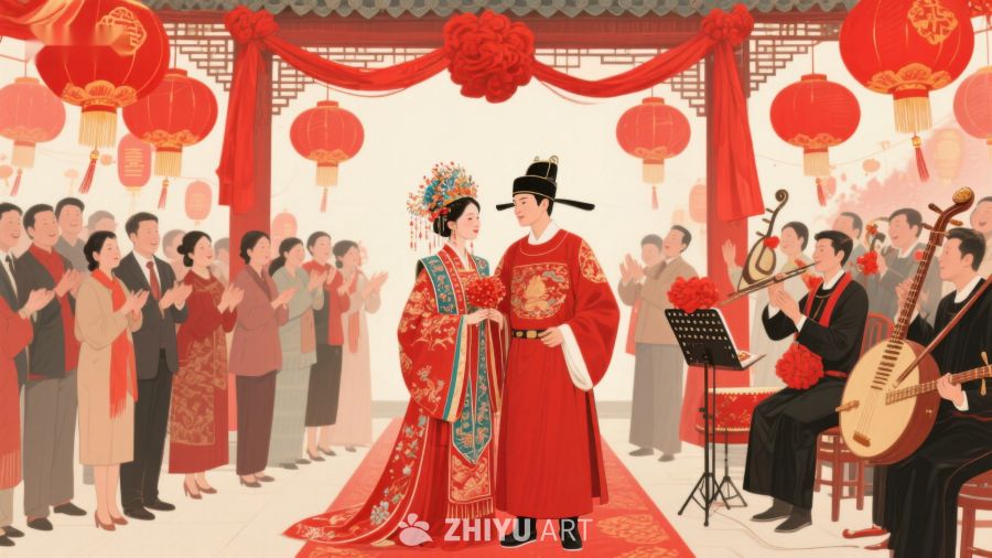 传统婚礼现场，新人身着华服行礼 40