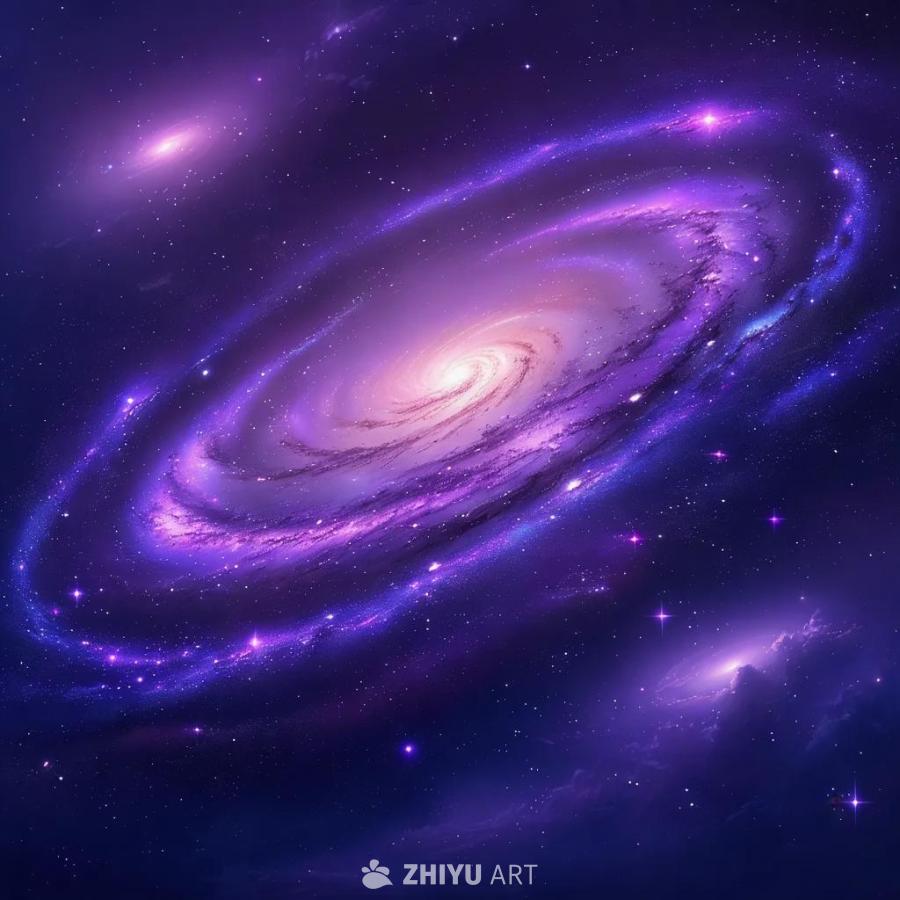 紫色光芒笼罩下的星系，呈现出动画风格。螺旋状的星云