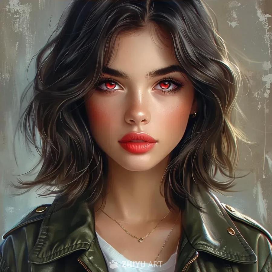 一个穿着夹克的少女，中等长度的头发，红色的眼睛，脸