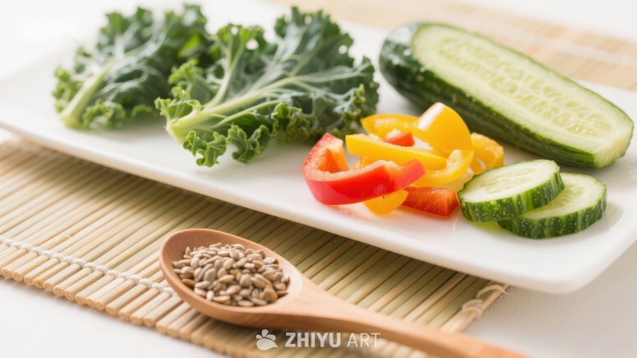 新鲜蔬菜与亚麻籽摆盘
