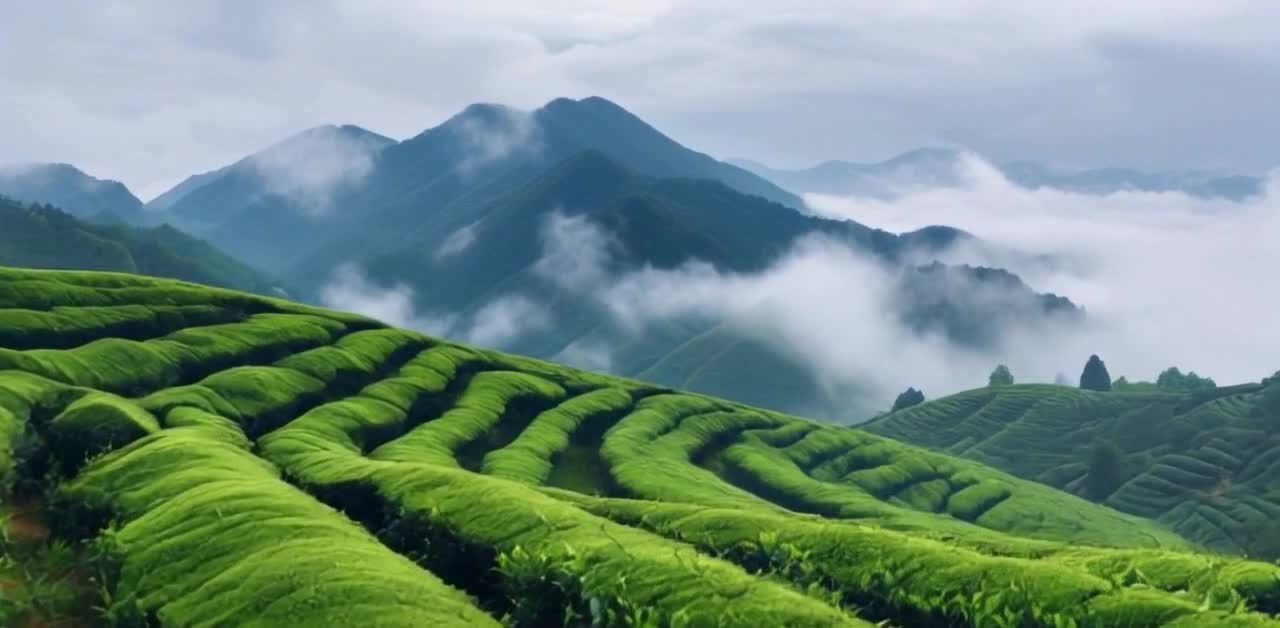 云雾缭绕山间茶园翠绿成行线条规律阴沉天空色调偏冷