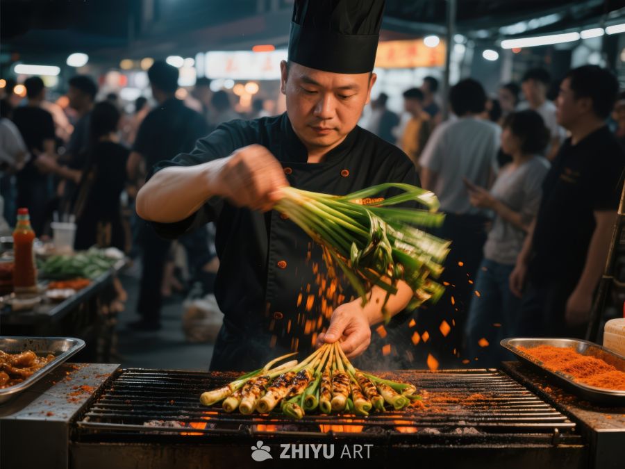 夜市厨师烧烤蔬菜
