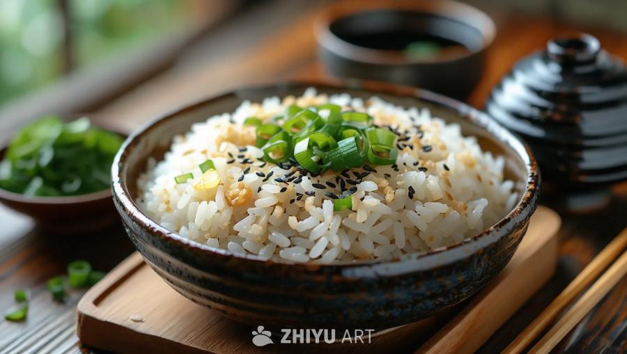 一个碗里盛着米饭，上面撒着葱和黑芝麻，放在一个木制