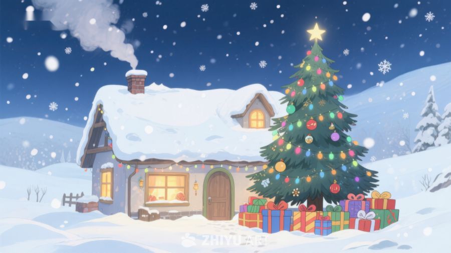 雪夜中的温馨小屋与圣诞树 488