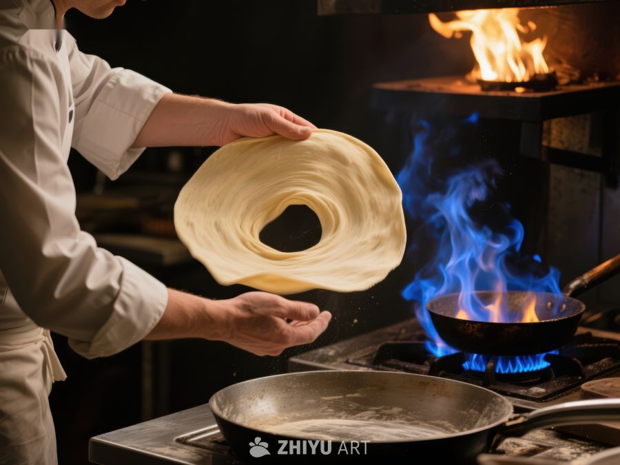 厨师在火焰旁制作面食 128