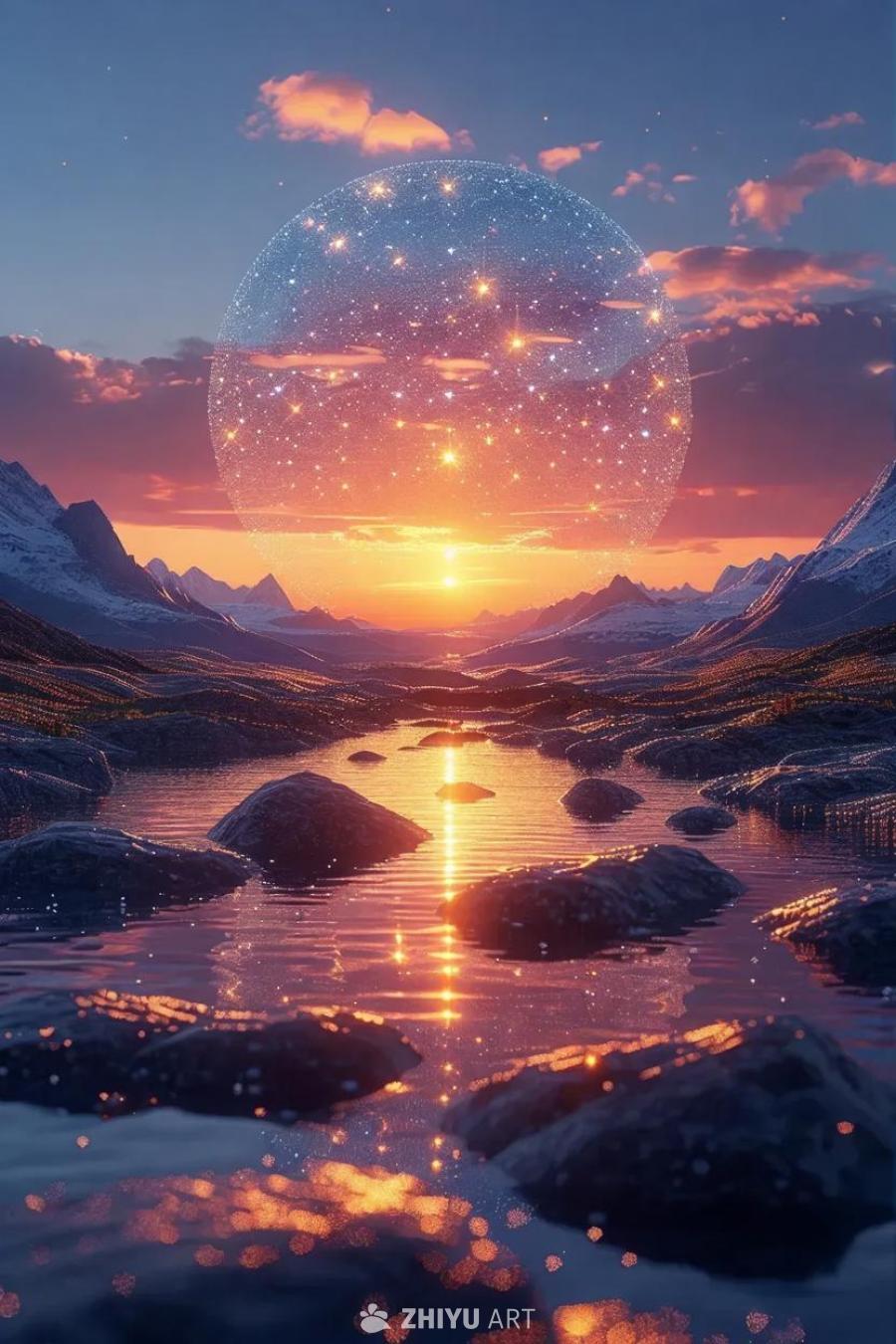 图片中是黄昏时分的山间景色。画面中心是一条缓缓流淌