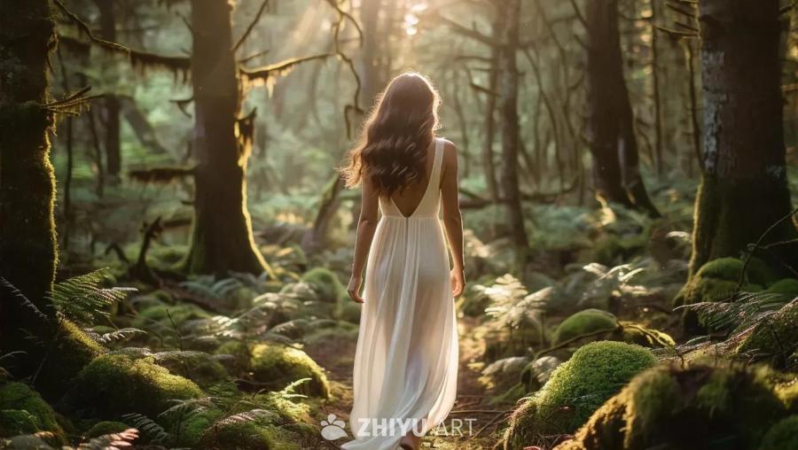一名穿着极简白色连衣裙、留着棕色波浪长发的写实女性