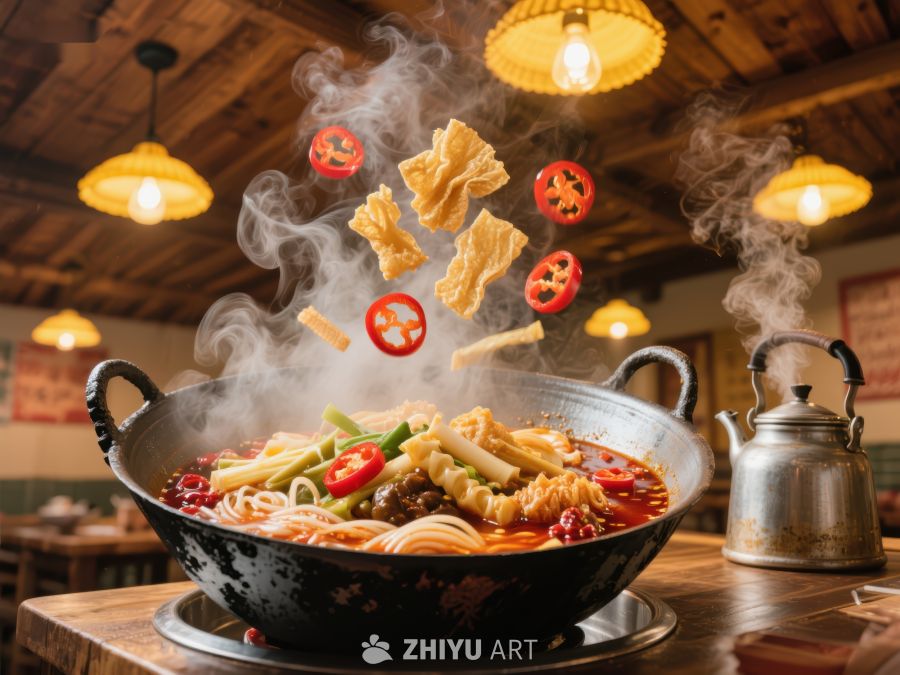 热气腾腾的麻辣火锅与飞舞食材 579