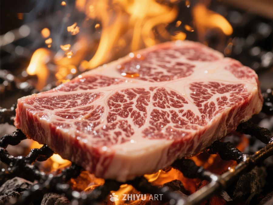 火焰炙烤的大理石纹牛肉