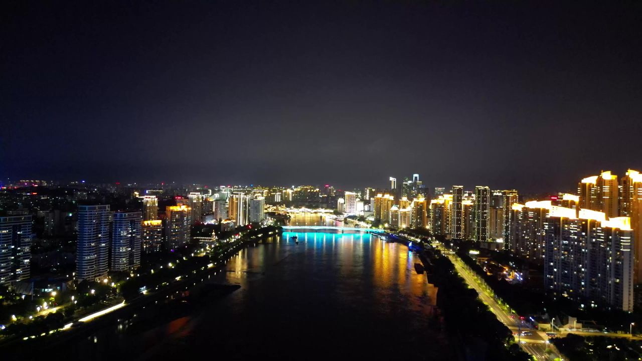  航拍福建福州闽江两岸夜景灯光