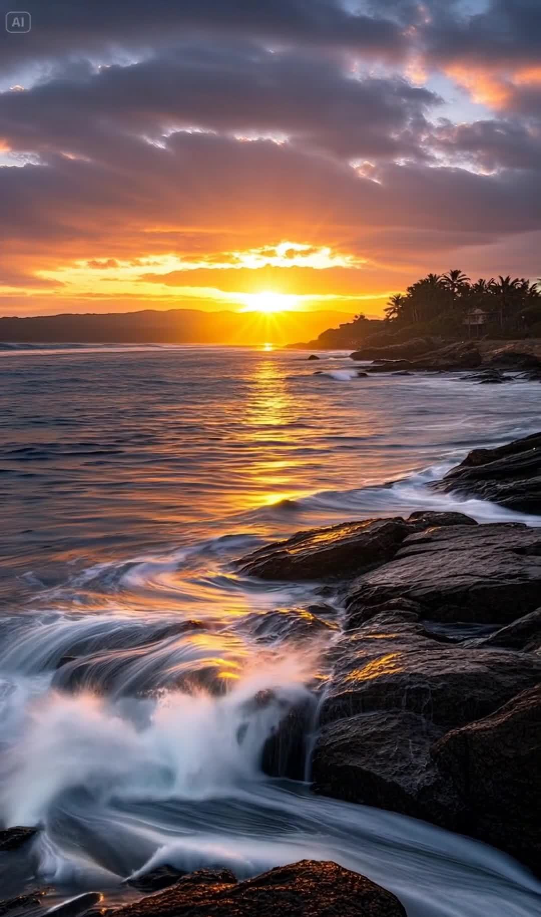 金色夕阳下，海浪拍打着岩石海岸线