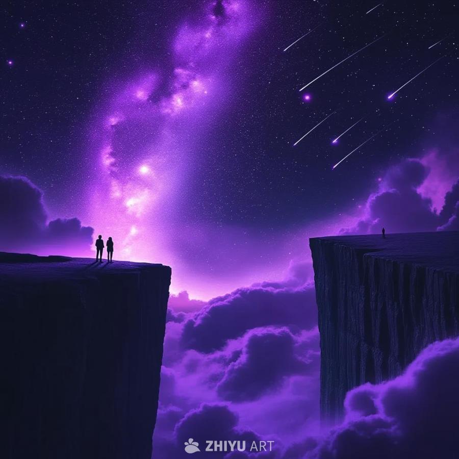 星夜的背景下，紫色的星系闪烁着光芒，偶尔有流星划过